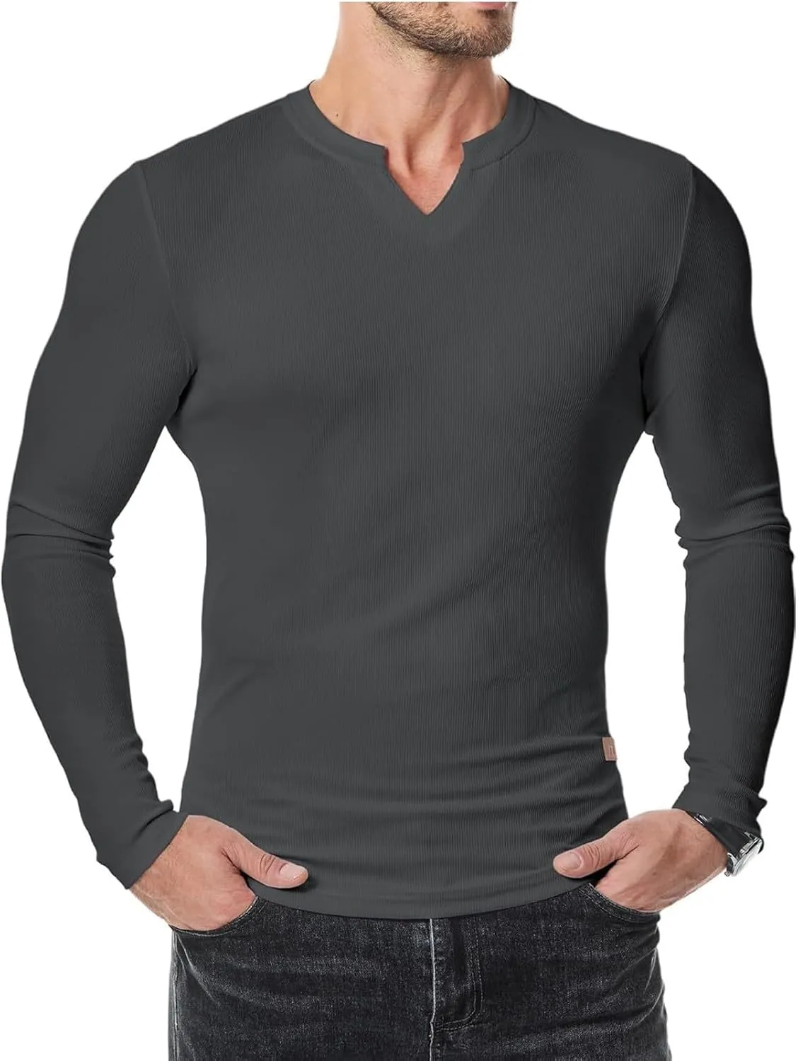 Men's Long Sleeve V-Neck T-Shirt, Soft Cotton, Slim Fit, Casual Wear, Burgundy, Stylish and Comfortable Design
