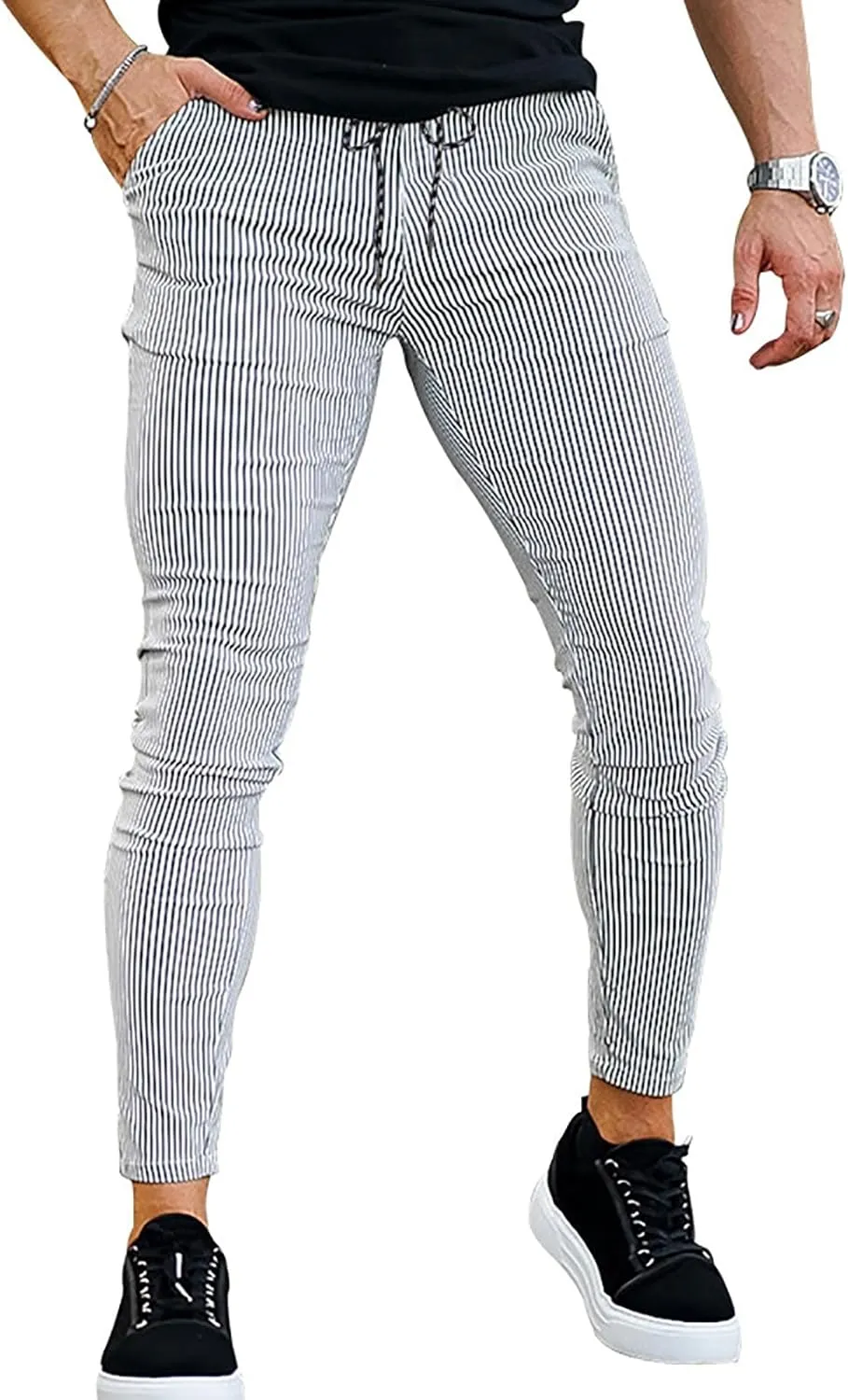 Mens Modern Stretch Wrinkle Resistant Chino Pants Slim Fit Skinny Long Pants Casual Business Golf Dress Pants Taped Pants