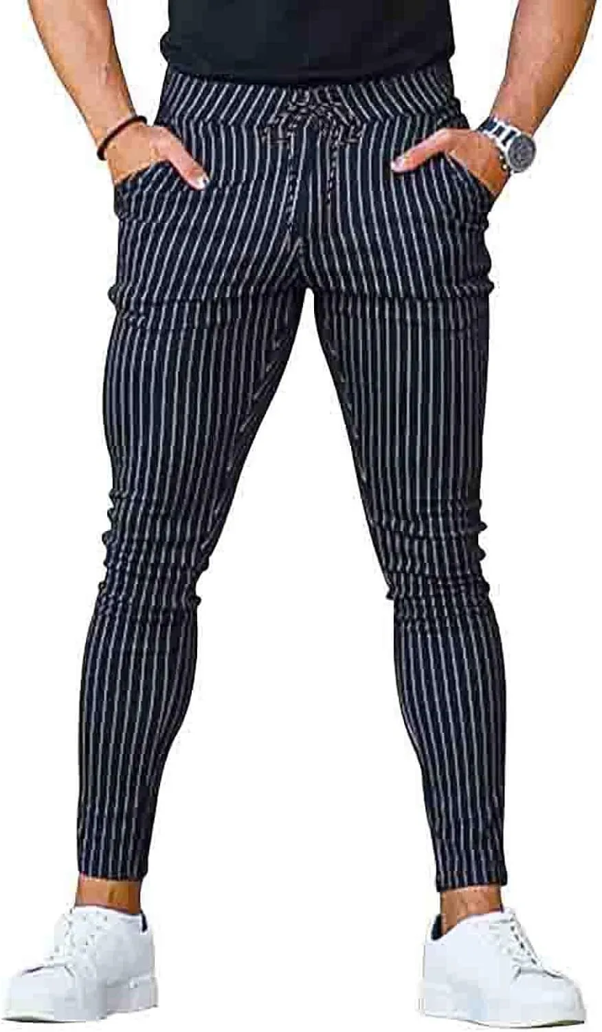 Mens Modern Stretch Wrinkle Resistant Chino Pants Slim Fit Skinny Long Pants Casual Business Golf Dress Pants Taped Pants