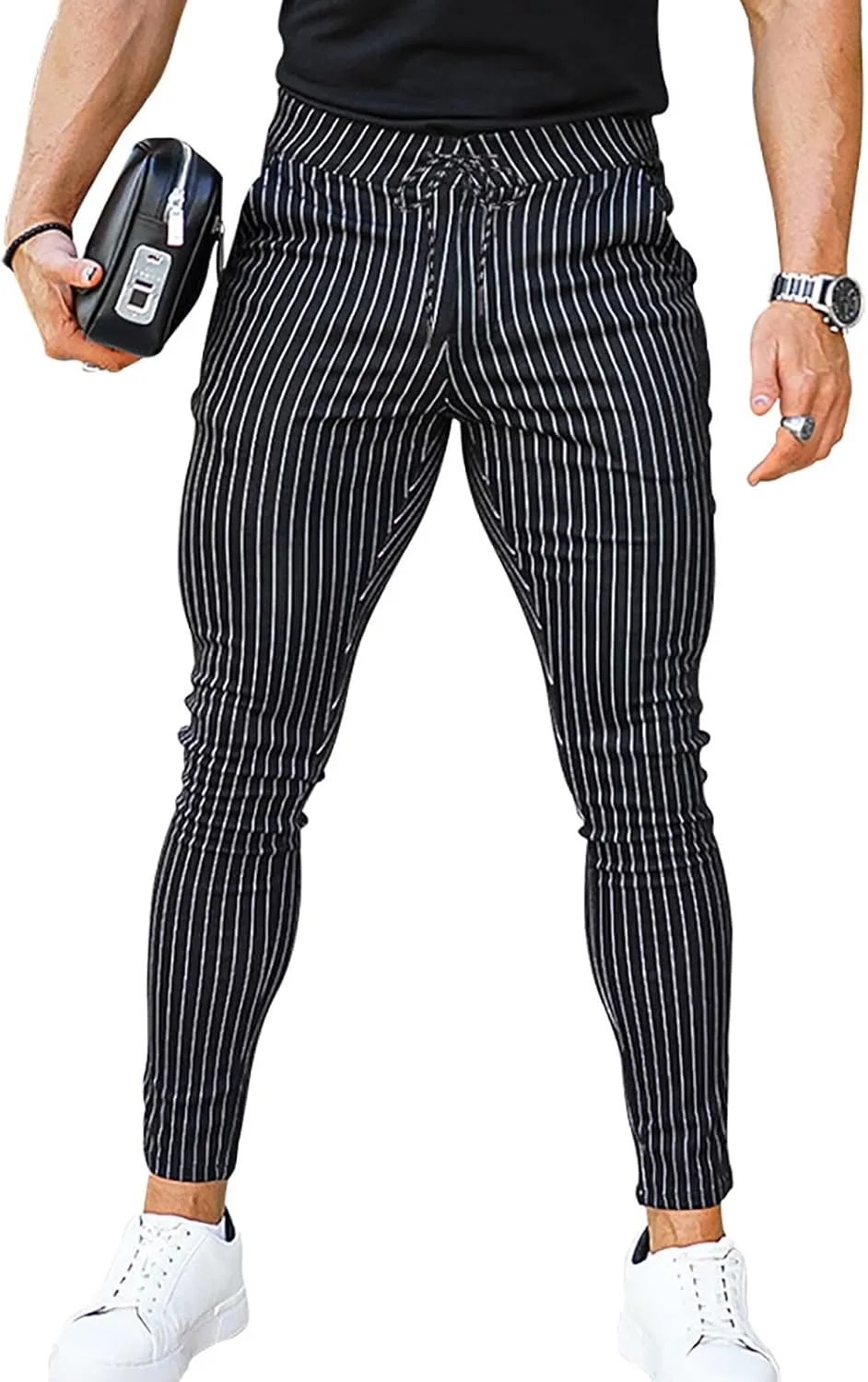 Mens Modern Stretch Wrinkle Resistant Chino Pants Slim Fit Skinny Long Pants Casual Business Golf Dress Pants Taped Pants