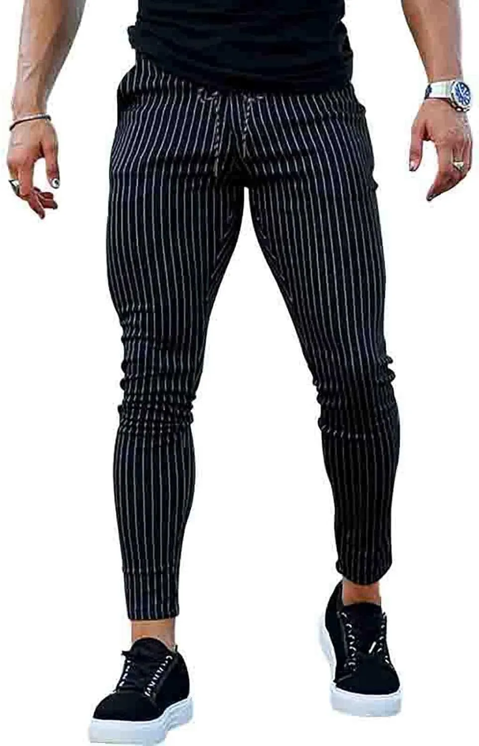 Mens Modern Stretch Wrinkle Resistant Chino Pants Slim Fit Skinny Long Pants Casual Business Golf Dress Pants Taped Pants