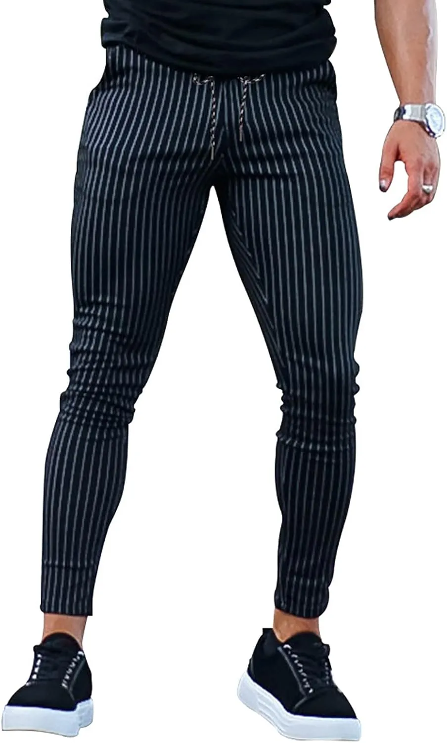 Mens Modern Stretch Wrinkle Resistant Chino Pants Slim Fit Skinny Long Pants Casual Business Golf Dress Pants Taped Pants