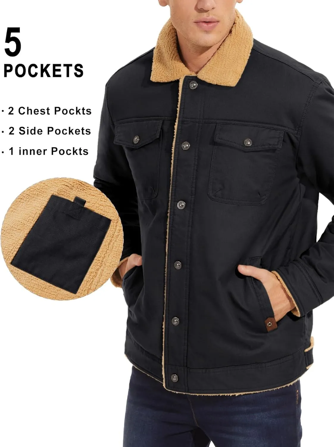 Men's Sherpa Jacket, Lined Sherpa Jacket Warm Trucker Coat Turn-Down Collar Cargo Jacket Men's Winter Jacket