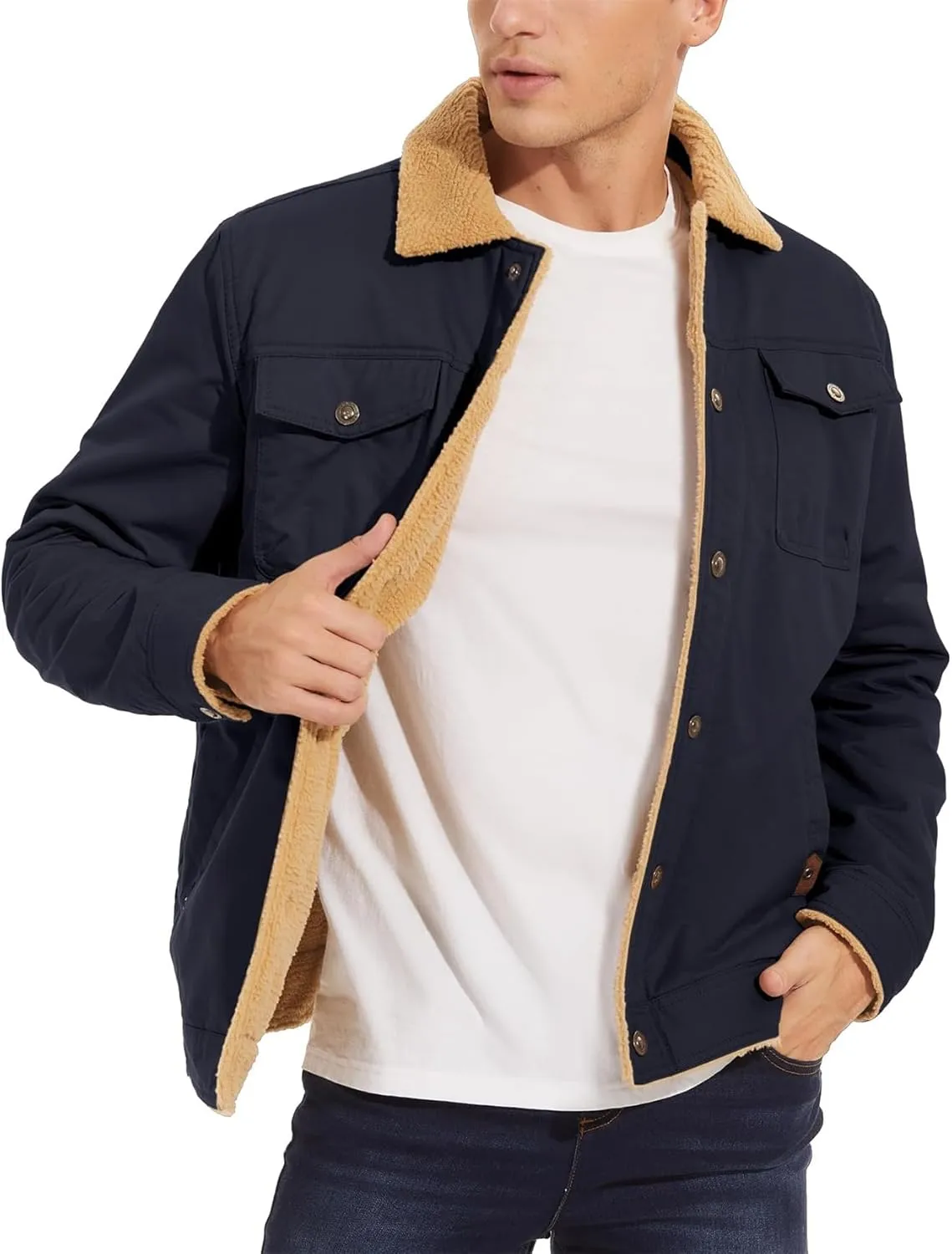 Men's Sherpa Jacket, Lined Sherpa Jacket Warm Trucker Coat Turn-Down Collar Cargo Jacket Men's Winter Jacket