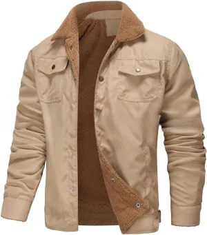 Men's Sherpa Jacket, Lined Sherpa Jacket Warm Trucker Coat Turn-Down Collar Cargo Jacket Men's Winter Jacket
