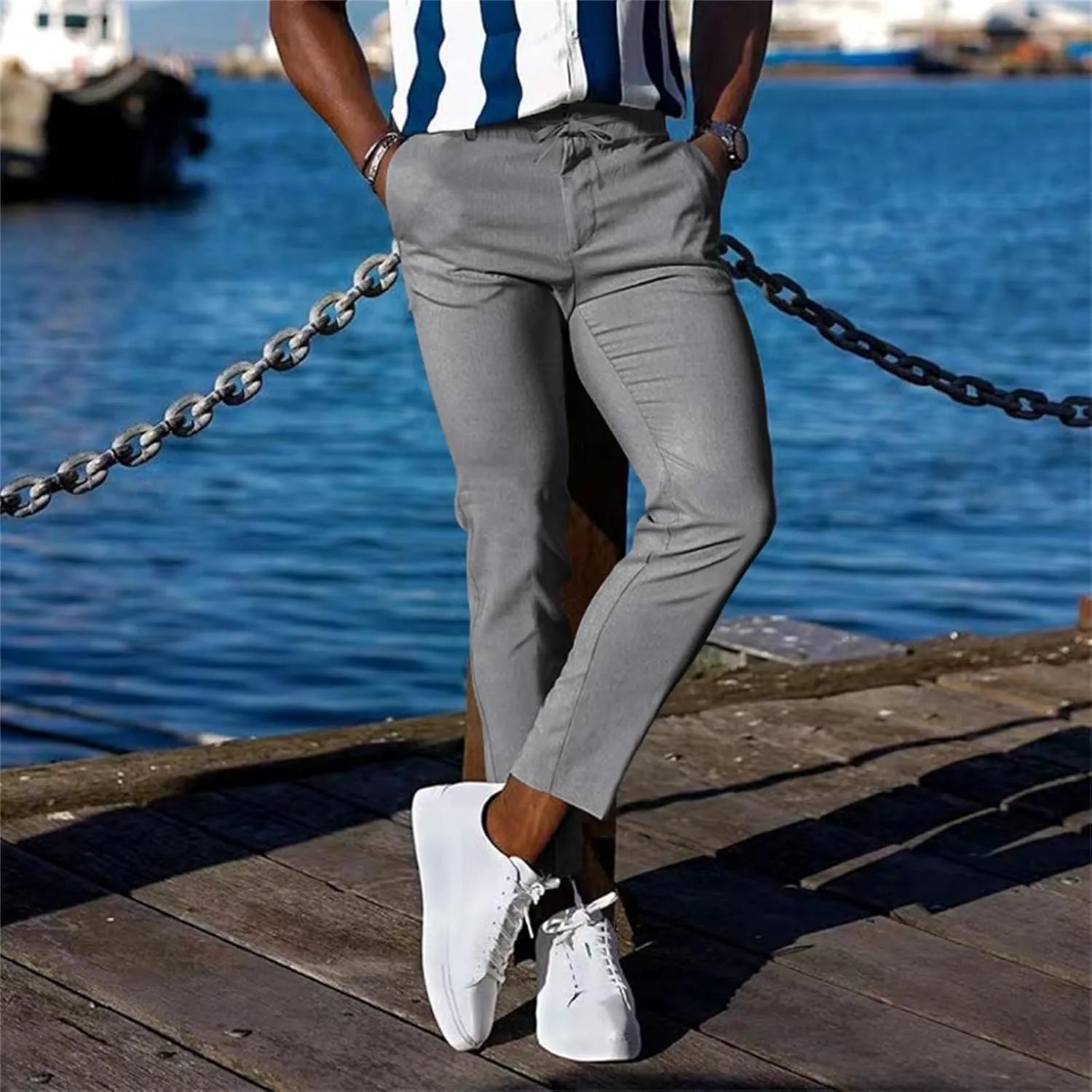 Mens Slim Fit Stretchy Casual Pants with Drawstrings Breathable Tapered Chino Pants for Work Flat Front Casual Golf Pant