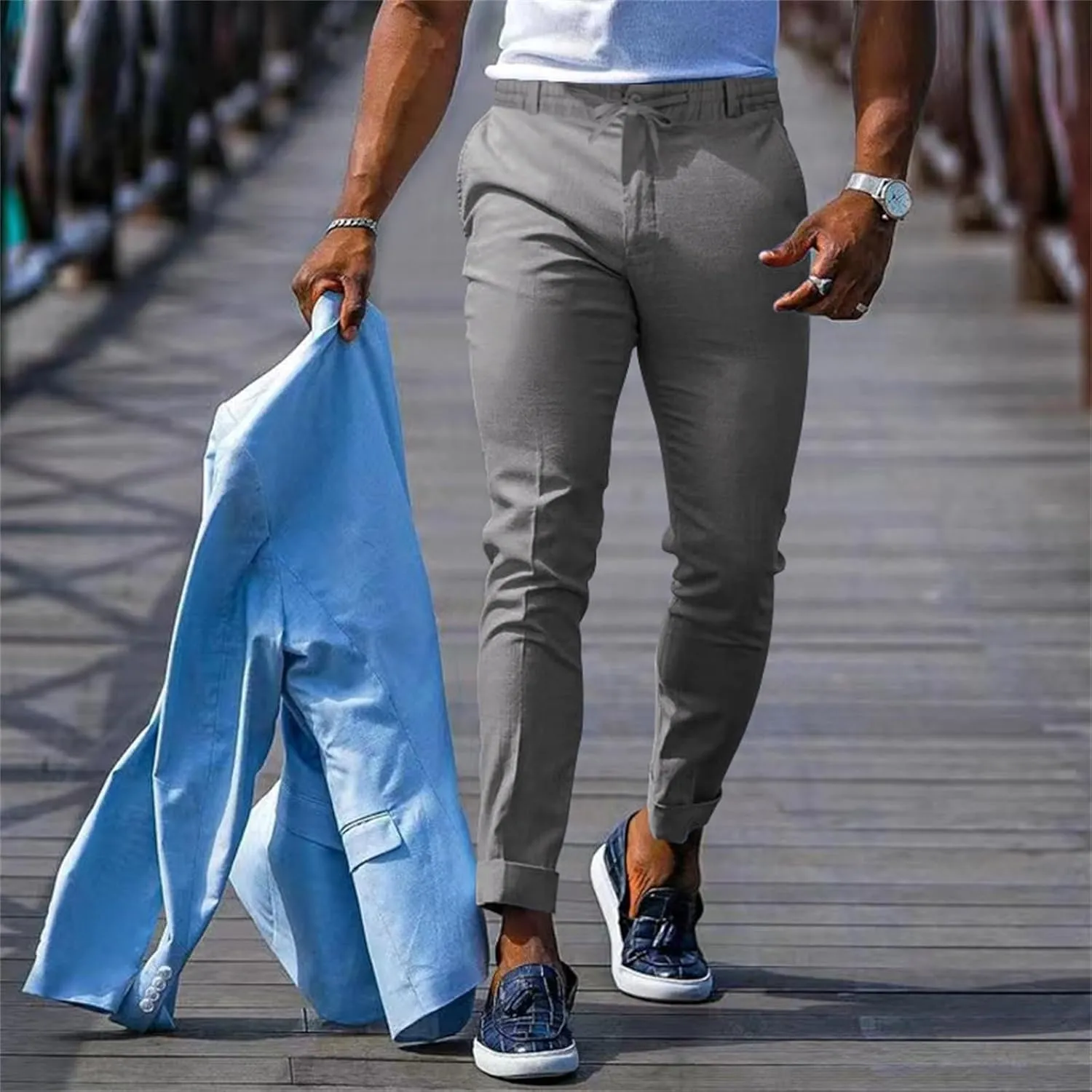 Mens Slim Fit Stretchy Casual Pants with Drawstrings Breathable Tapered Chino Pants for Work Flat Front Casual Golf Pant