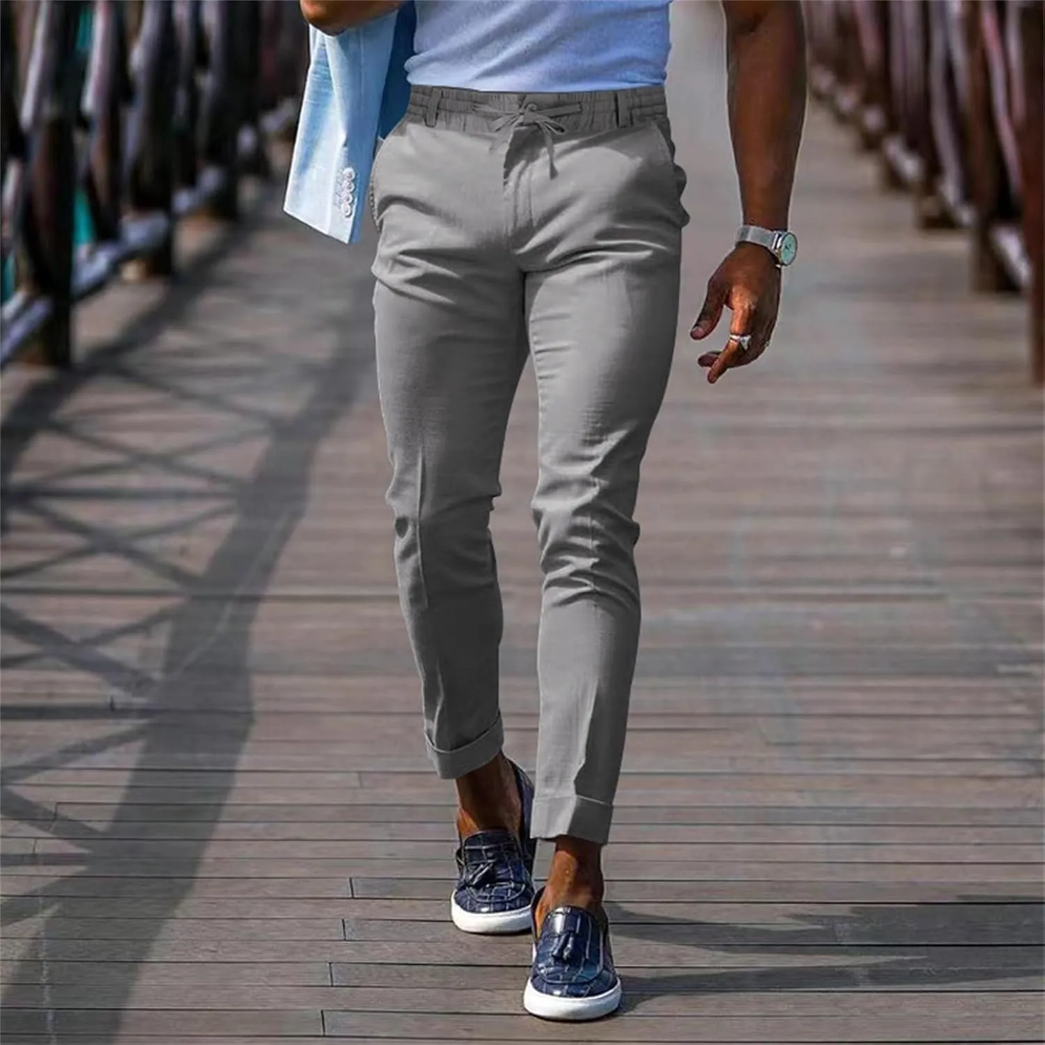 Mens Slim Fit Stretchy Casual Pants with Drawstrings Breathable Tapered Chino Pants for Work Flat Front Casual Golf Pant