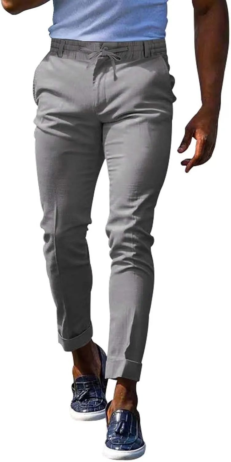 Mens Slim Fit Stretchy Casual Pants with Drawstrings Breathable Tapered Chino Pants for Work Flat Front Casual Golf Pant