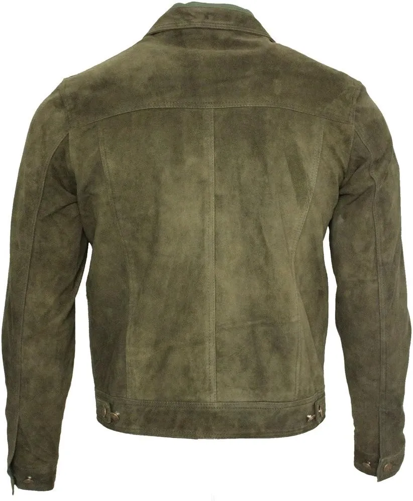 Men's Trucker Casual Khaki Goat Suede Leather Shirt Jeans Jacke