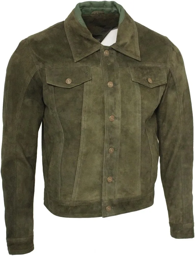 Men's Trucker Casual Khaki Goat Suede Leather Shirt Jeans Jacke