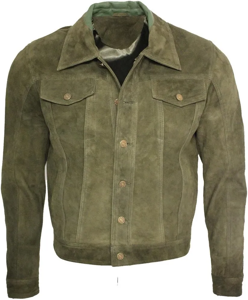 Men's Trucker Casual Khaki Goat Suede Leather Shirt Jeans Jacke