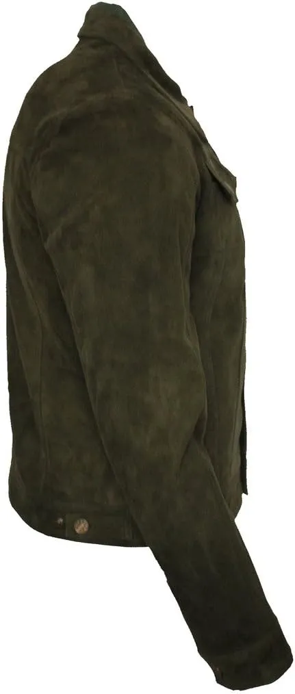 Men's Trucker Casual Khaki Goat Suede Leather Shirt Jeans Jacke