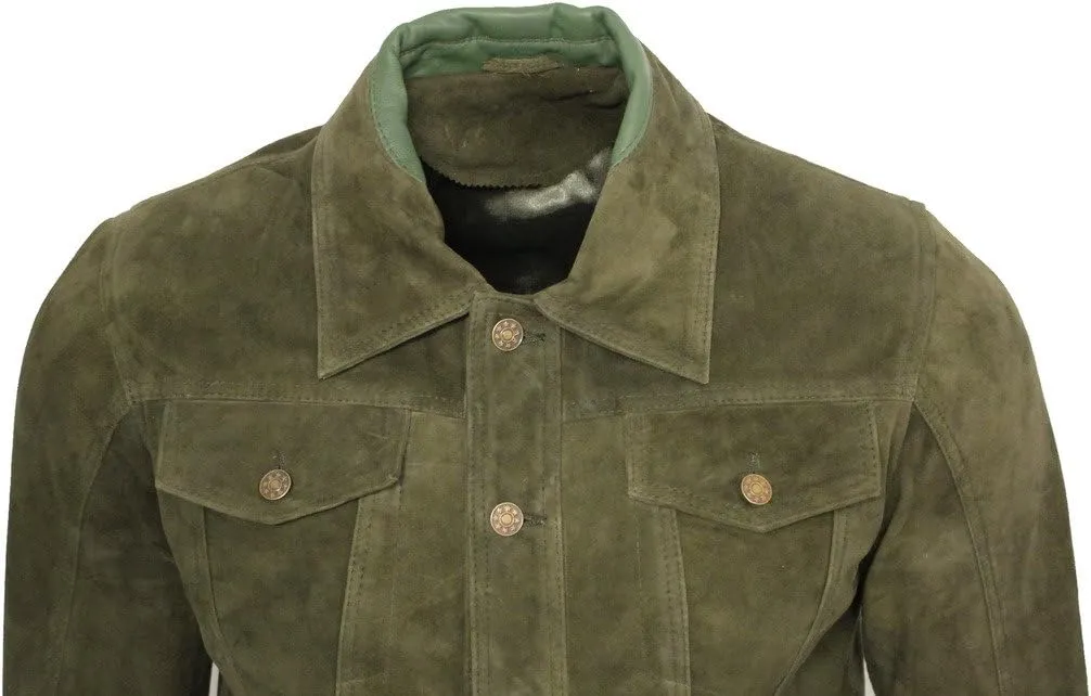 Men's Trucker Casual Khaki Goat Suede Leather Shirt Jeans Jacke