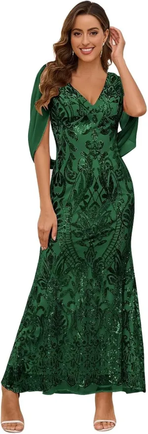 Mermaid Mother of The Bride Dress Sequin V Neck Long Formal Dresses Sparkly Evening Gown with Cape