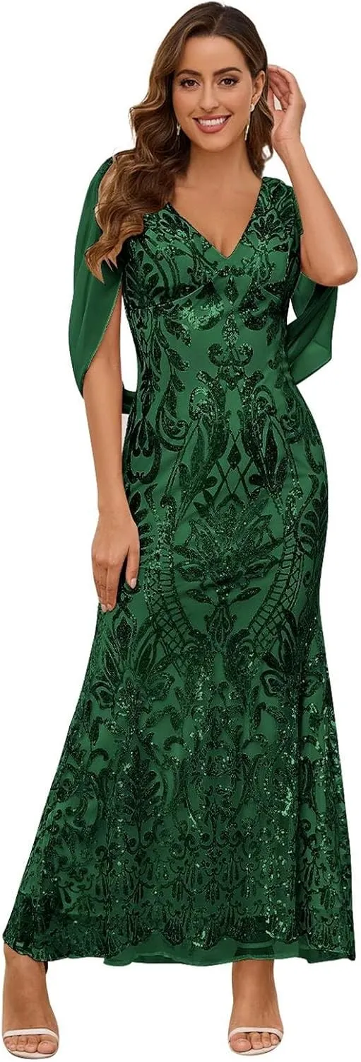 Mermaid Mother of The Bride Dress Sequin V Neck Long Formal Dresses Sparkly Evening Gown with Cape