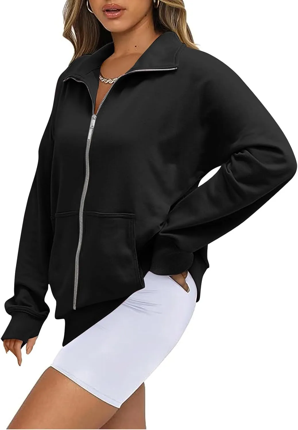 midelxp Womens Cropped Zip Up Hoodie Casual Fleece Stand Collar Sweatshirt Loose Quarter Zip Long Sleeve Pullover Sports Top
