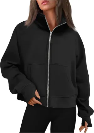 midelxp Womens Cropped Zip Up Hoodie Casual Fleece Stand Collar Sweatshirt Loose Quarter Zip Long Sleeve Pullover Sports Top
