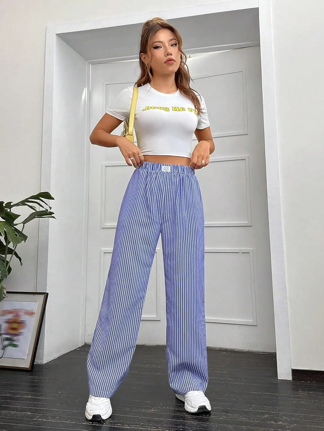 Milumia Women's Y2K Striped Straight Wide Leg Pants High Waist Boxer Baggy Pants Trousers