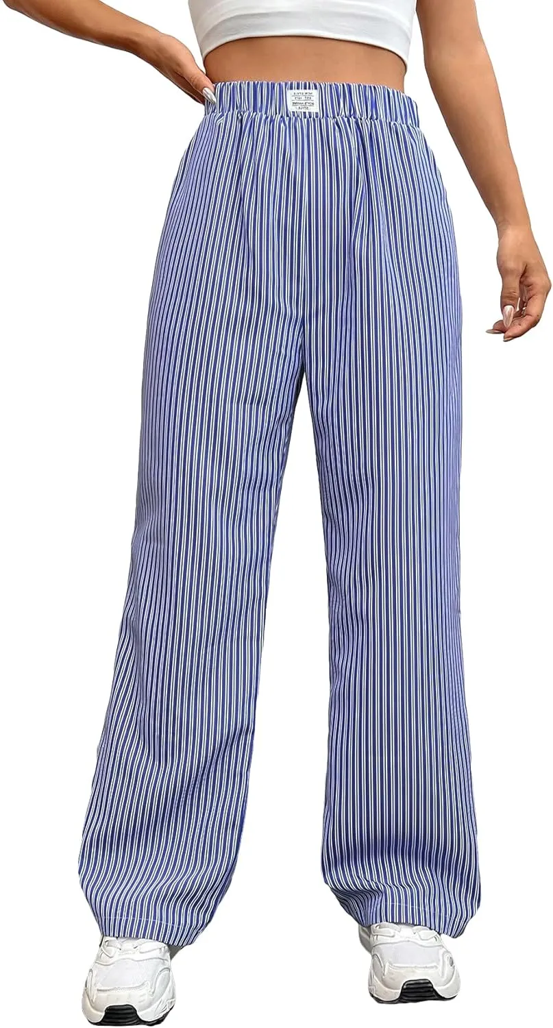 Milumia Women's Y2K Striped Straight Wide Leg Pants High Waist Boxer Baggy Pants Trousers
