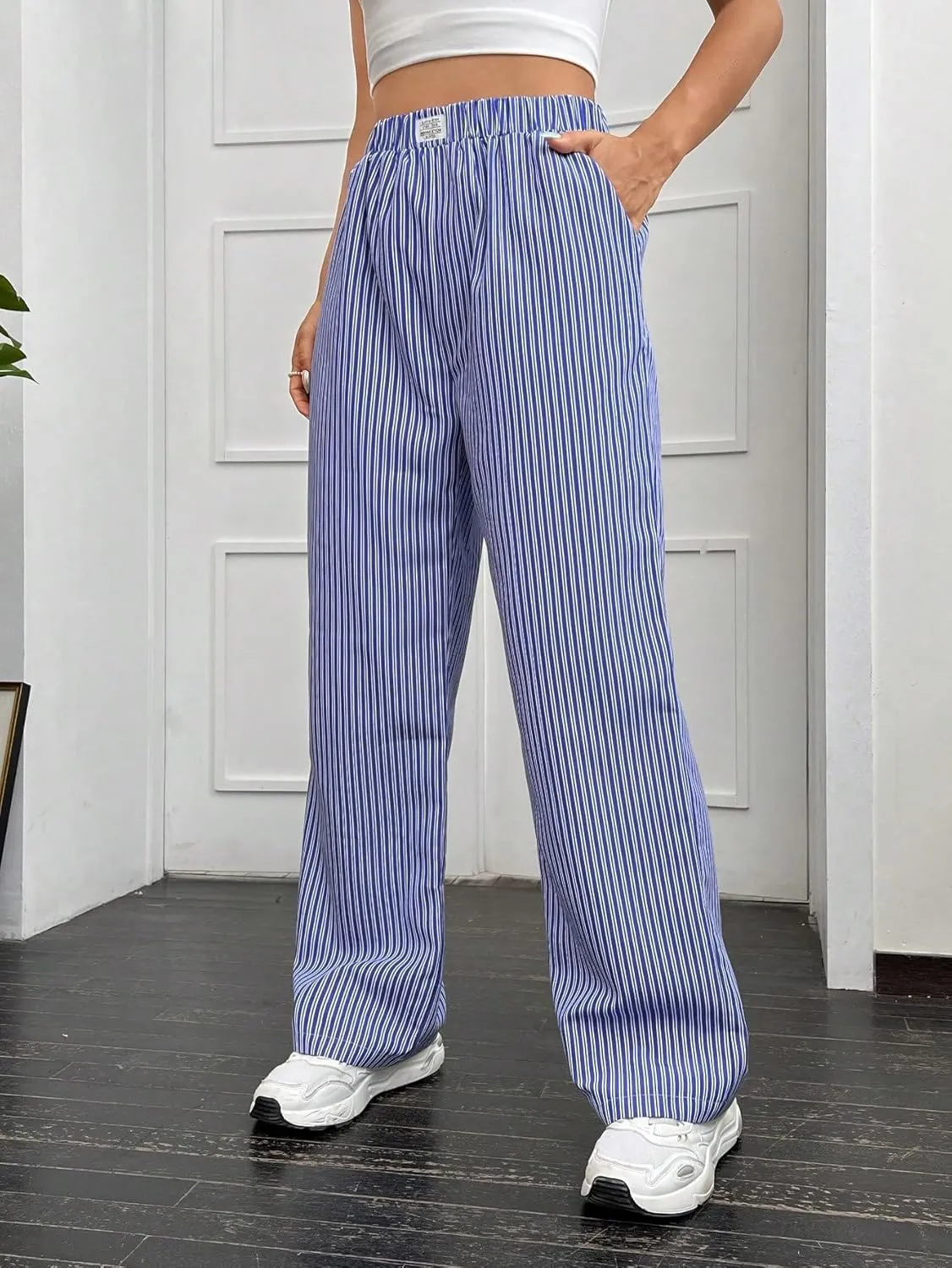 Milumia Women's Y2K Striped Straight Wide Leg Pants High Waist Boxer Baggy Pants Trousers
