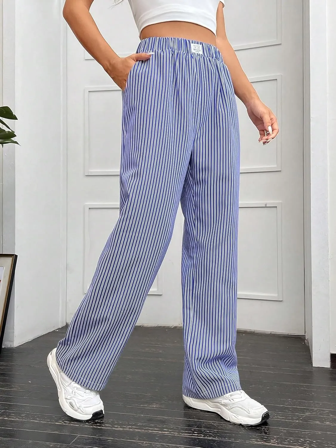 Milumia Women's Y2K Striped Straight Wide Leg Pants High Waist Boxer Baggy Pants Trousers