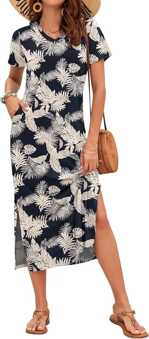MISFAY Women Summer Midi Dresses Casual Loose Short Sleeve Dress Split Maxi Beach Sundress Travel Vacation Dress with Pockets
