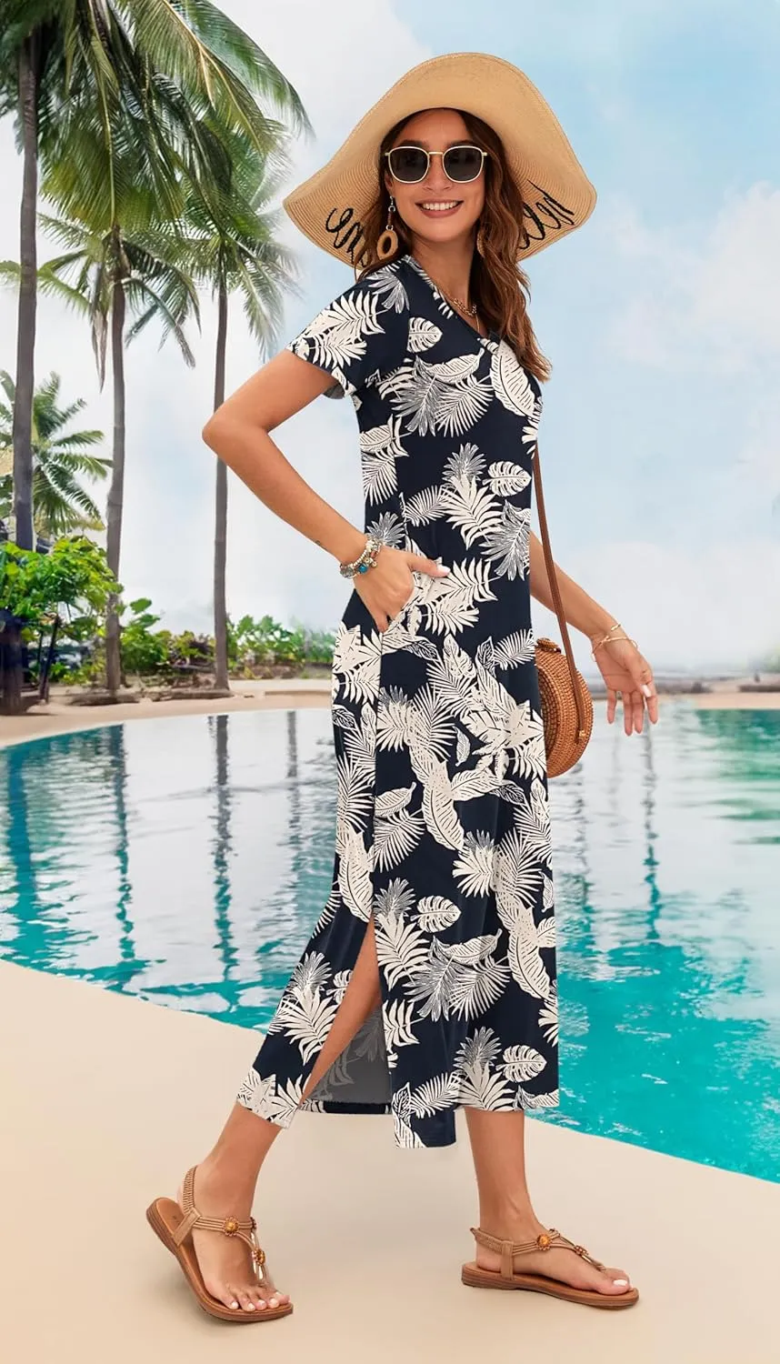 MISFAY Women Summer Midi Dresses Casual Loose Short Sleeve Dress Split Maxi Beach Sundress Travel Vacation Dress with Pockets
