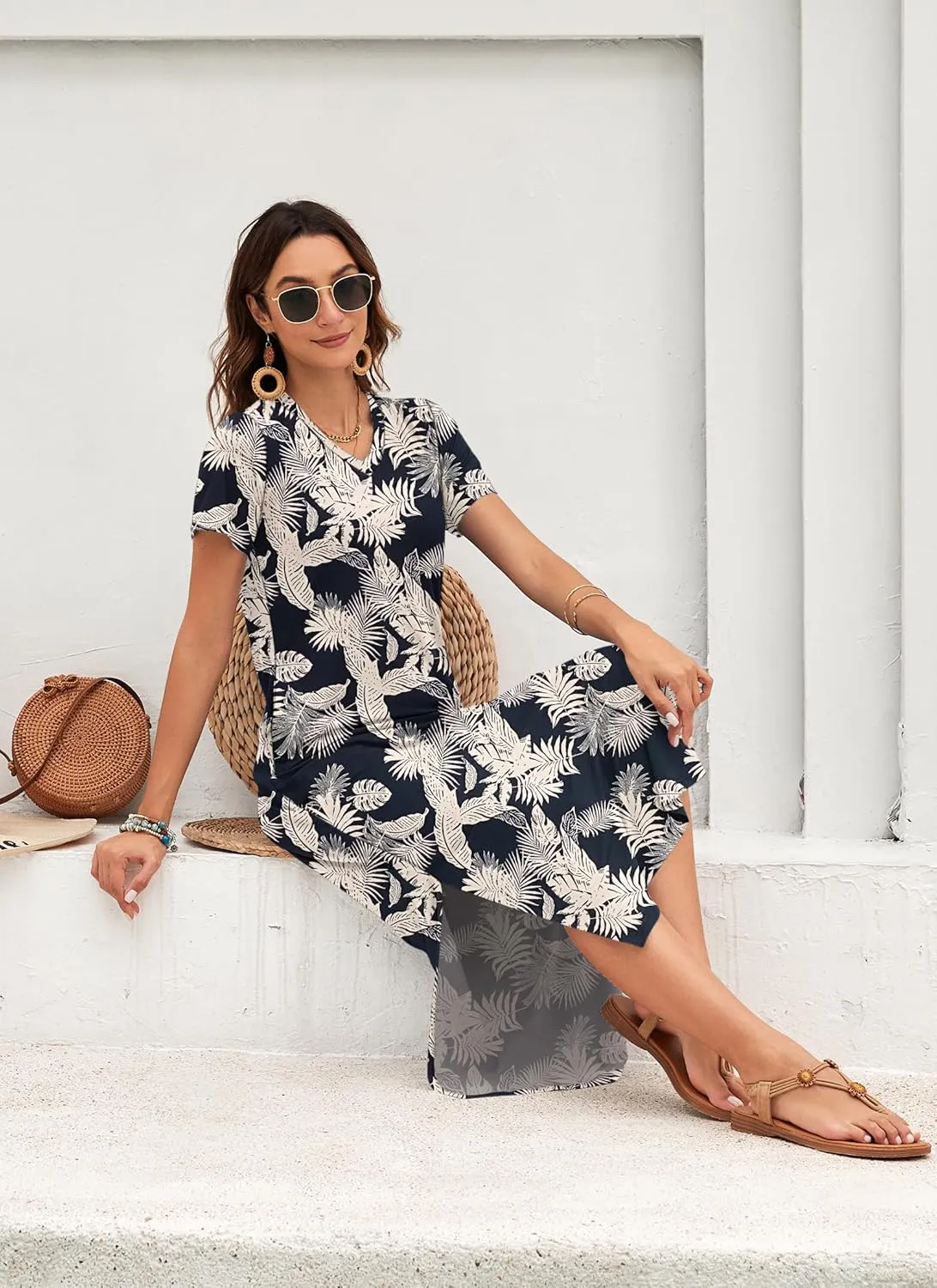 MISFAY Women Summer Midi Dresses Casual Loose Short Sleeve Dress Split Maxi Beach Sundress Travel Vacation Dress with Pockets