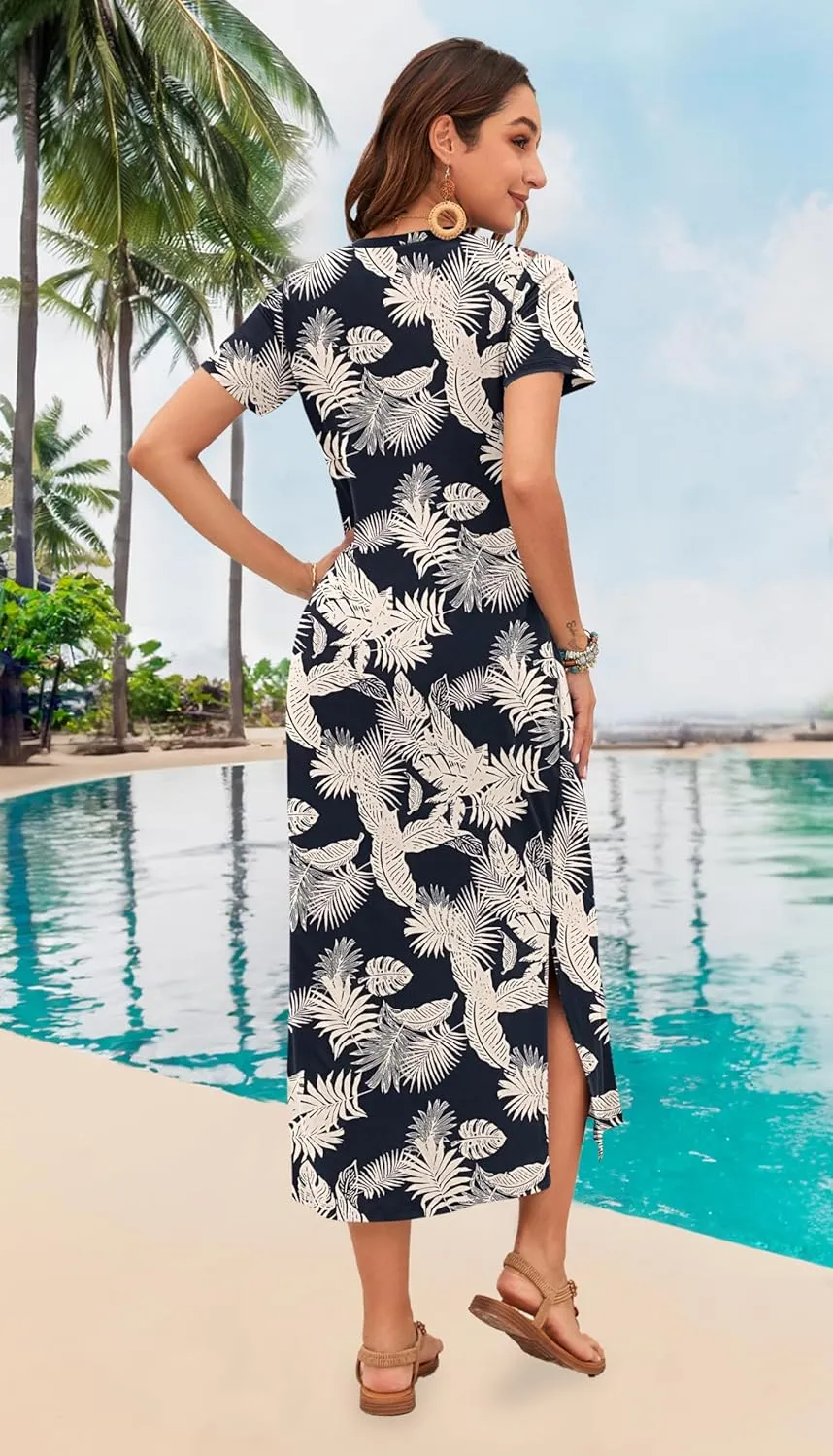 MISFAY Women Summer Midi Dresses Casual Loose Short Sleeve Dress Split Maxi Beach Sundress Travel Vacation Dress with Pockets