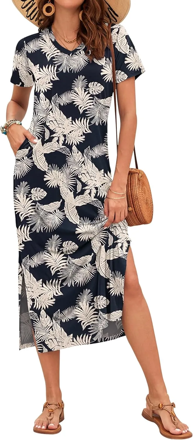 MISFAY Women Summer Midi Dresses Casual Loose Short Sleeve Dress Split Maxi Beach Sundress Travel Vacation Dress with Pockets