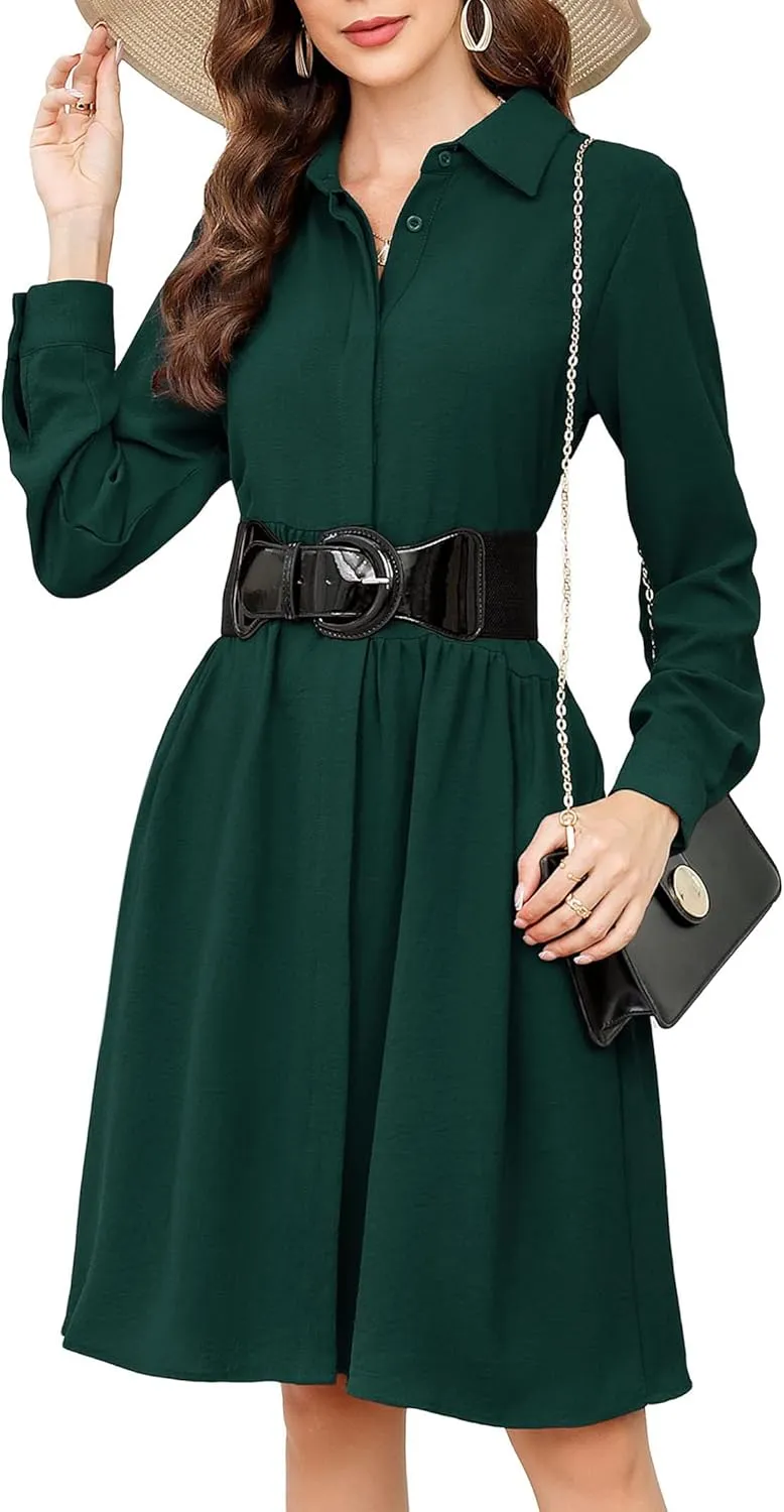 MISSKY Womens Casual Dresses Work Midi Belted Asymmetrical Long Sleeve Button Down Shirt Dress for Women with Pockets