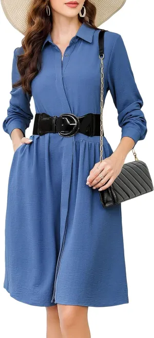 MISSKY Womens Casual Dresses Work Midi Belted Asymmetrical Long Sleeve Button Down Shirt Dress for Women with Pockets