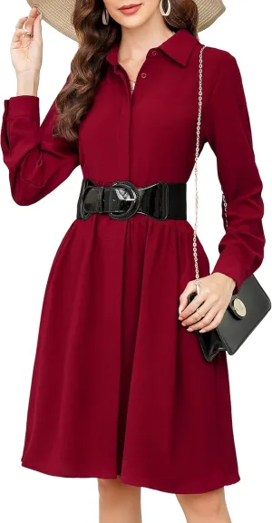 MISSKY Womens Casual Dresses Work Midi Belted Asymmetrical Long Sleeve Button Down Shirt Dress for Women with Pockets