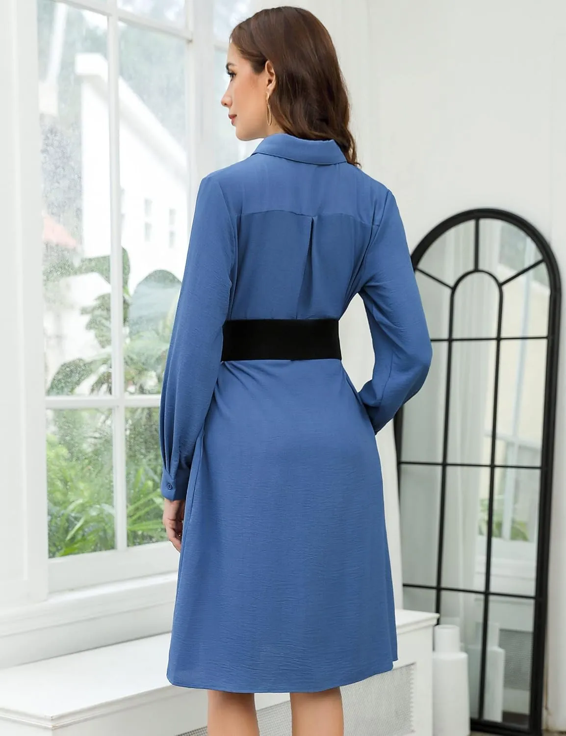 MISSKY Womens Casual Dresses Work Midi Belted Asymmetrical Long Sleeve Button Down Shirt Dress for Women with Pockets