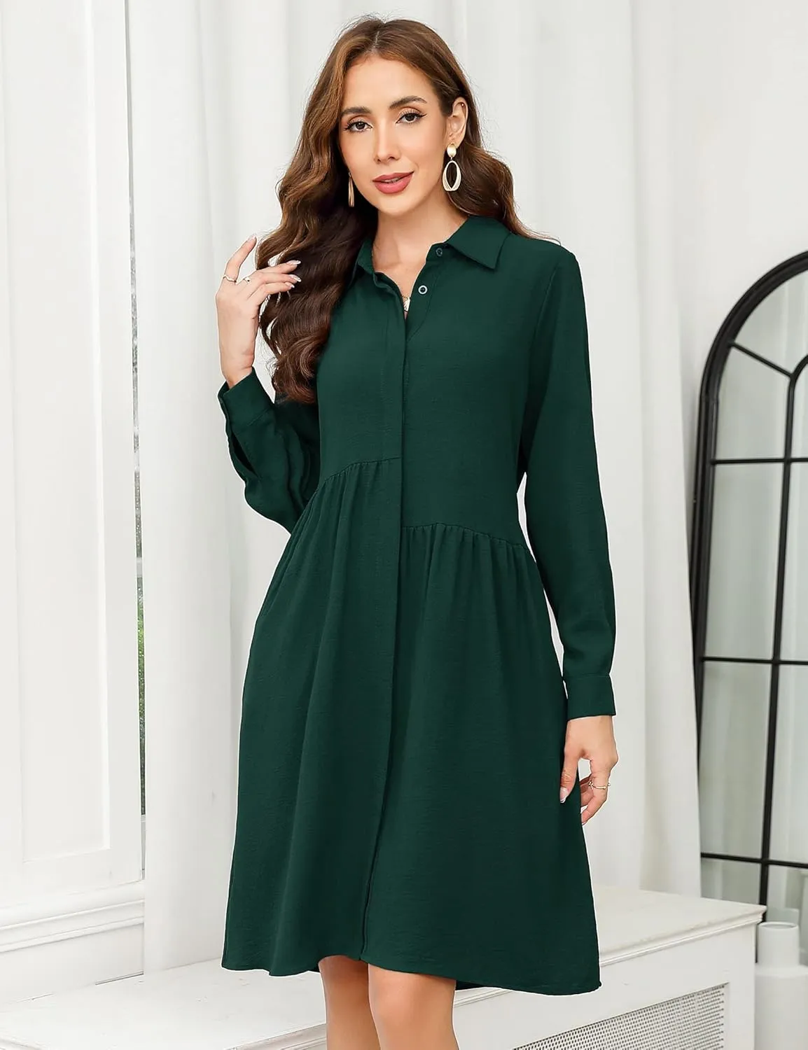 MISSKY Womens Casual Dresses Work Midi Belted Asymmetrical Long Sleeve Button Down Shirt Dress for Women with Pockets