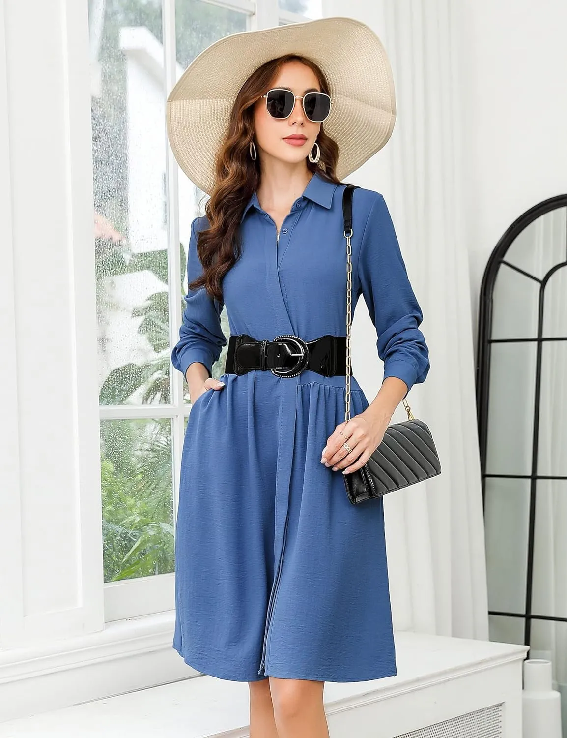 MISSKY Womens Casual Dresses Work Midi Belted Asymmetrical Long Sleeve Button Down Shirt Dress for Women with Pockets