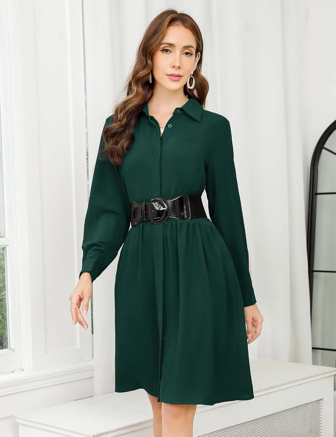 MISSKY Womens Casual Dresses Work Midi Belted Asymmetrical Long Sleeve Button Down Shirt Dress for Women with Pockets