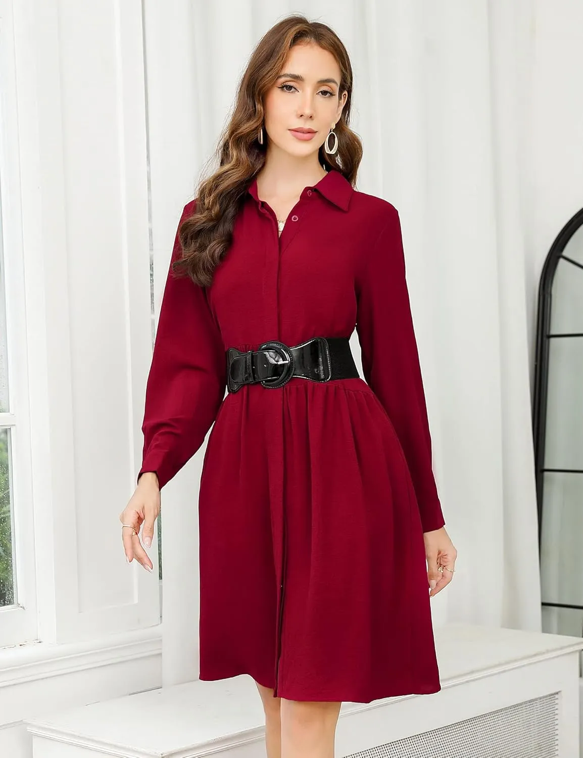 MISSKY Womens Casual Dresses Work Midi Belted Asymmetrical Long Sleeve Button Down Shirt Dress for Women with Pockets