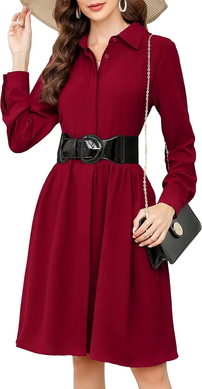 MISSKY Womens Casual Dresses Work Midi Belted Asymmetrical Long Sleeve Button Down Shirt Dress for Women with Pockets