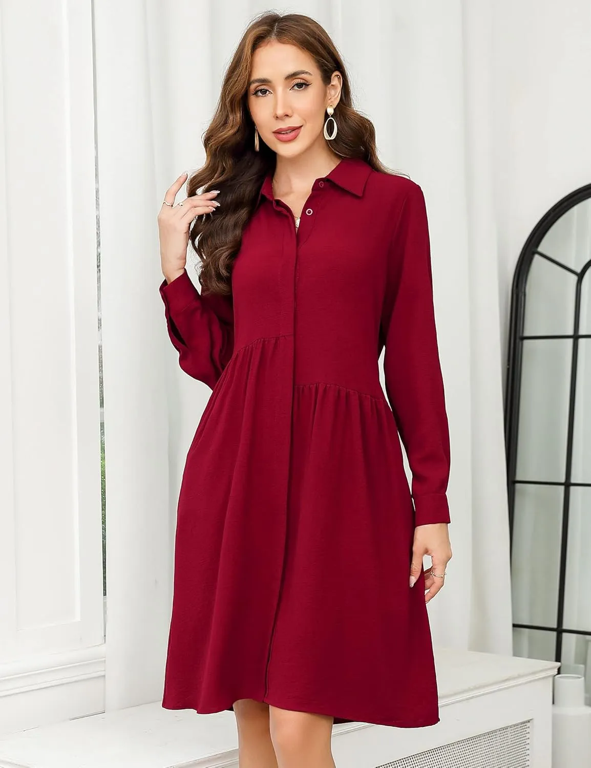 MISSKY Womens Casual Dresses Work Midi Belted Asymmetrical Long Sleeve Button Down Shirt Dress for Women with Pockets