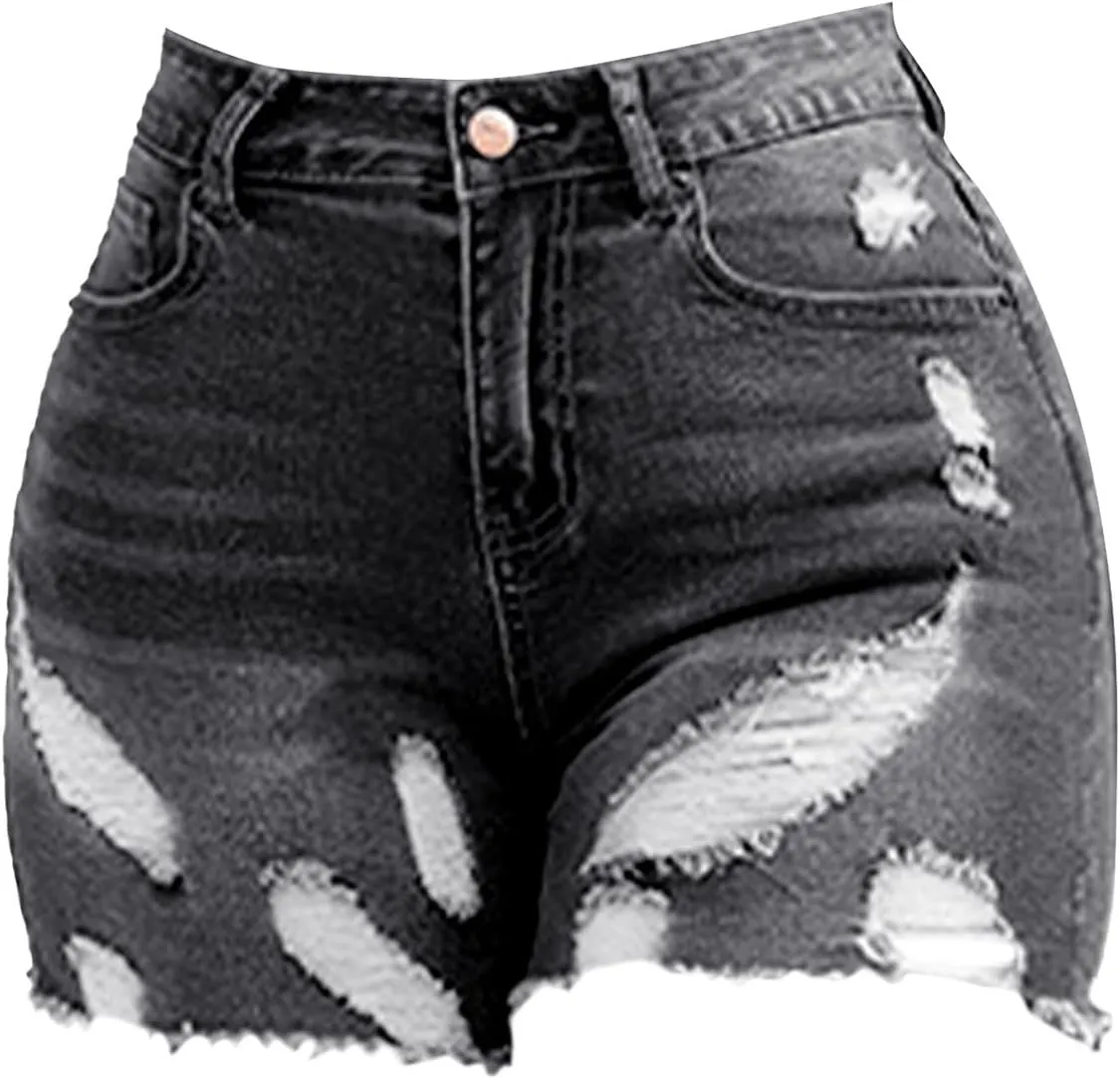 Miyaomn Womens Summer Casual Ripped Jean Shorts High Waisted Skinny Stretchy Distressed Hot Pants Frayed Raw Hem Denim Shorts