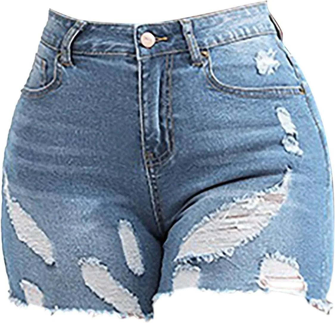 Miyaomn Womens Summer Casual Ripped Jean Shorts High Waisted Skinny Stretchy Distressed Hot Pants Frayed Raw Hem Denim Shorts