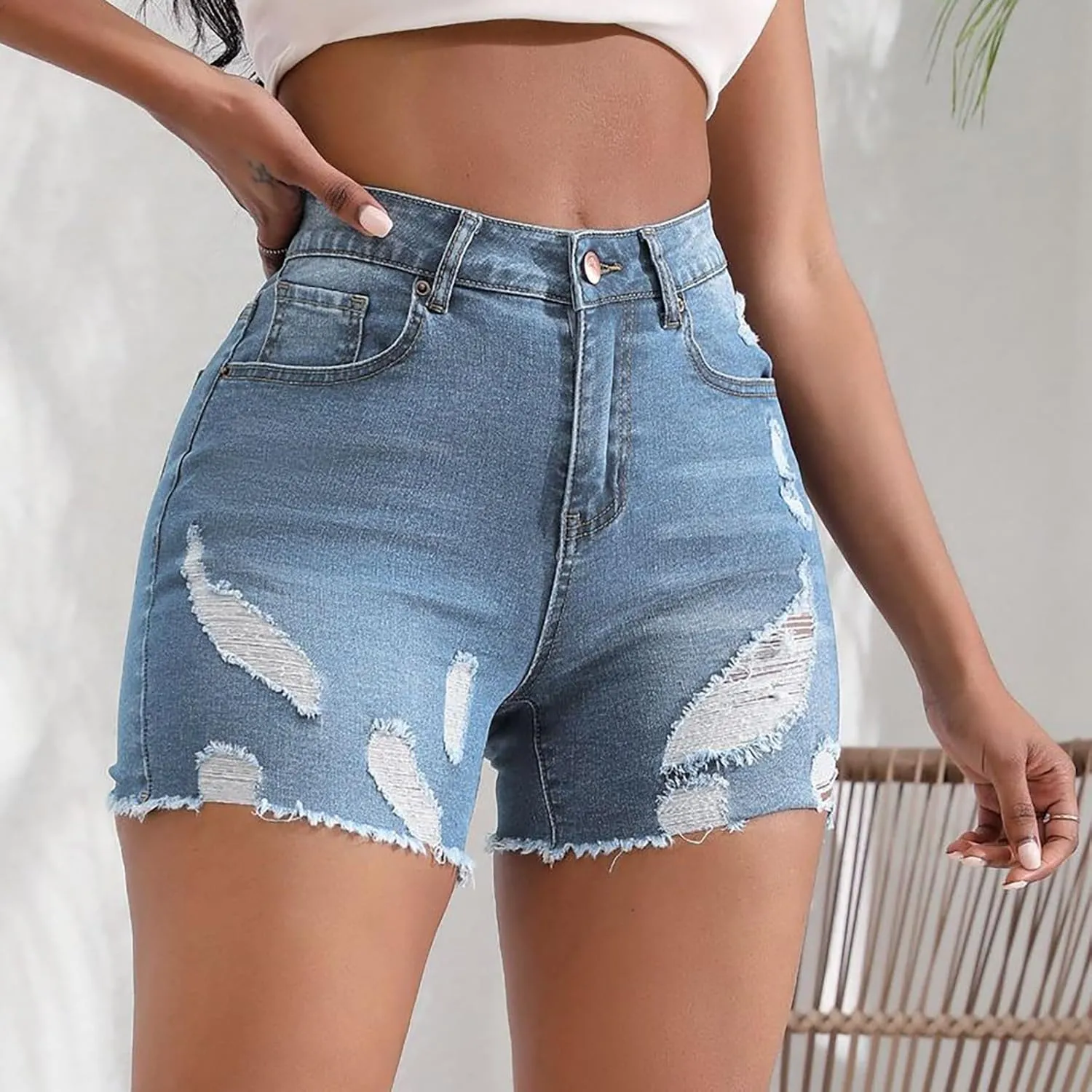 Miyaomn Womens Summer Casual Ripped Jean Shorts High Waisted Skinny Stretchy Distressed Hot Pants Frayed Raw Hem Denim Shorts