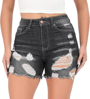 Miyaomn Womens Summer Casual Ripped Jean Shorts High Waisted Skinny Stretchy Distressed Hot Pants Frayed Raw Hem Denim Shorts