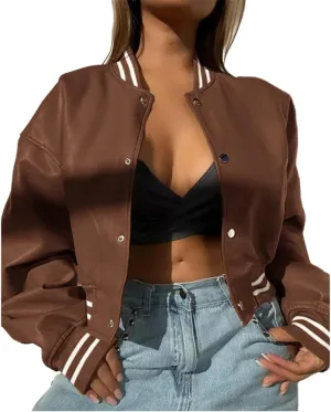 Molilove Womens Leather Jacket Mock Neck Long Sleeve Button Cropped Leather Jacket Casual Biker Moto Jacket Fall Outerwear