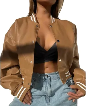 Molilove Womens Leather Jacket Mock Neck Long Sleeve Button Cropped Leather Jacket Casual Biker Moto Jacket Fall Outerwear