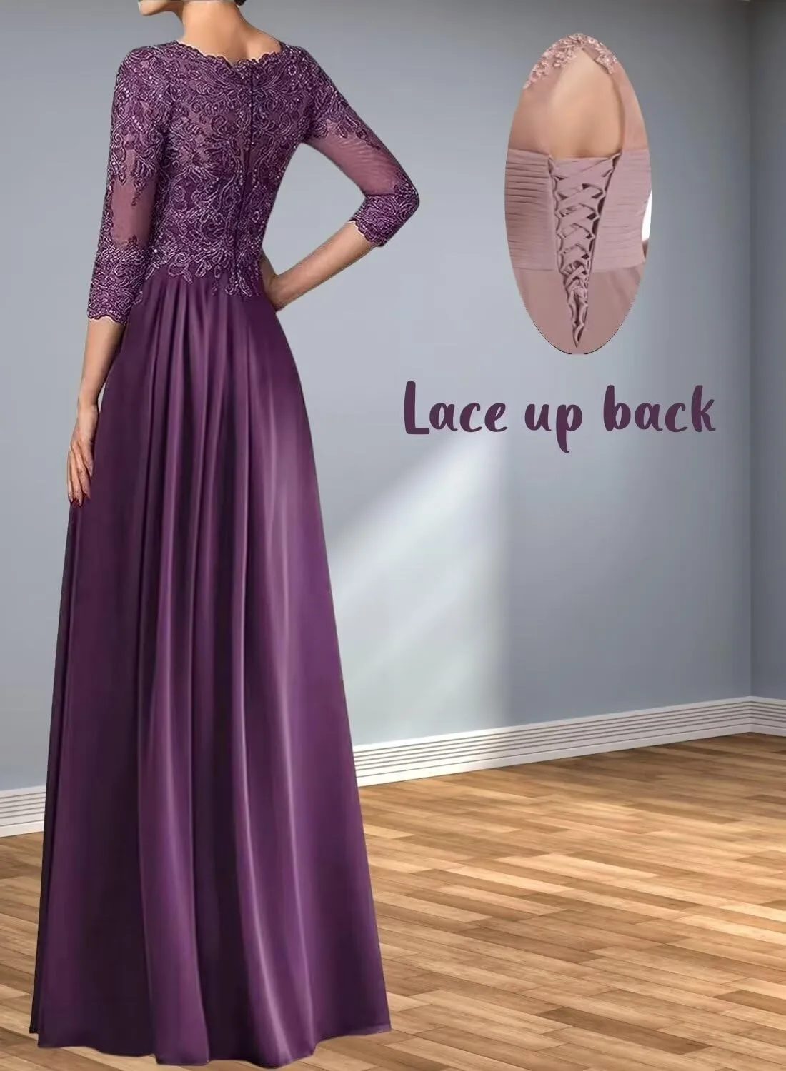Mother of The Bride Dresses for Wedding Chiffon Lace 3/4 Sleeves Formal Evening Party Prom Gowns for Women
