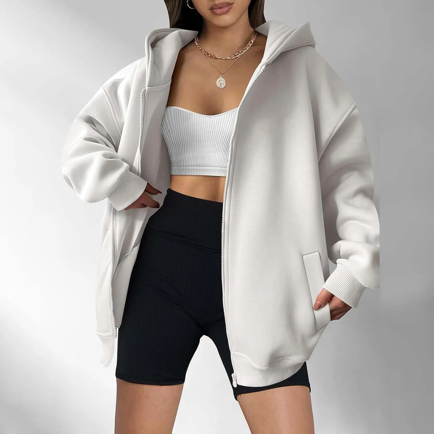 MRGIINRI Womens Zip Up Hoodies 2024 Fall Trendy Oversized Sweatshirts Long Sleeve Fleece Jackets Coat Workout Y2K Outfits