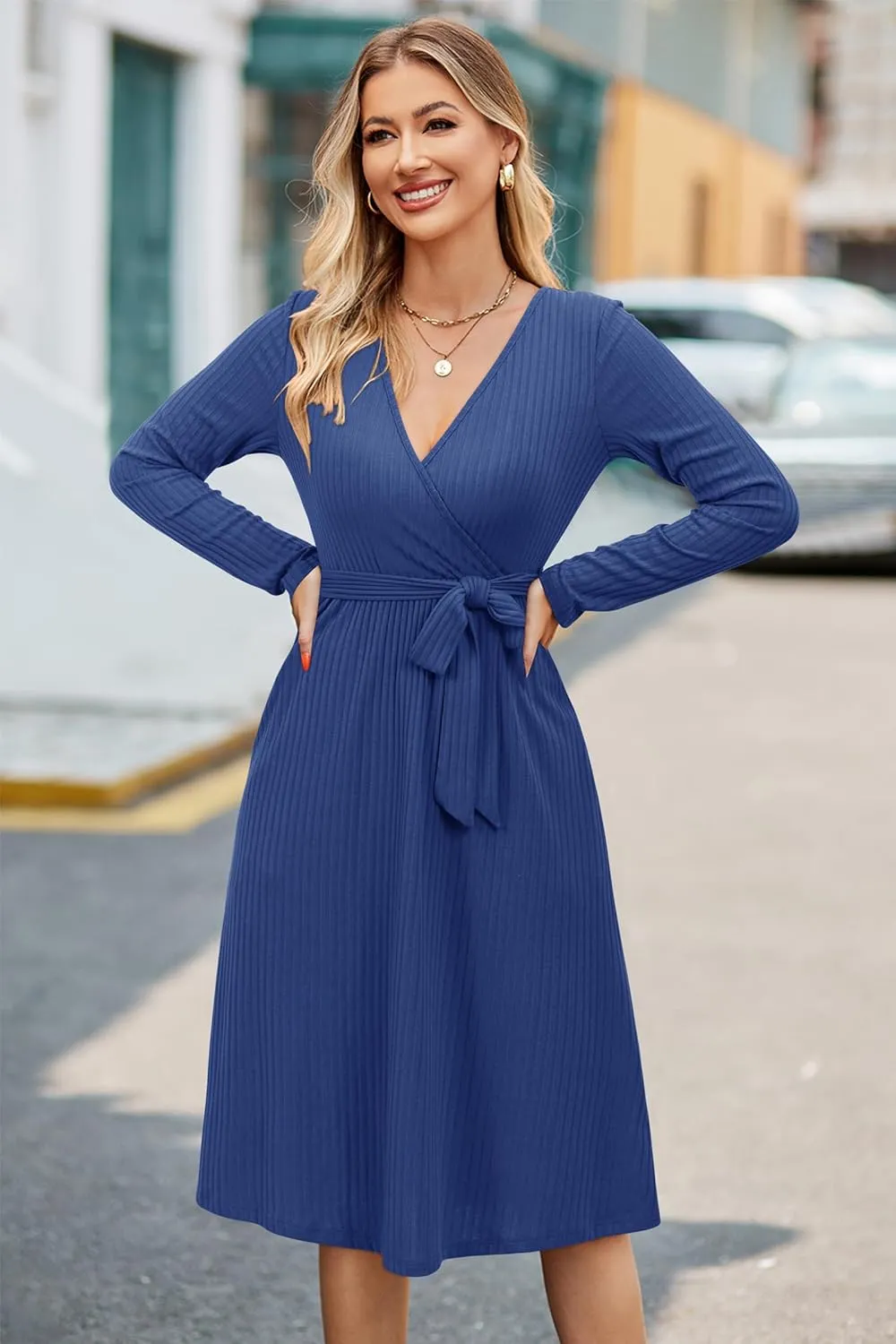 Newshows Womens 2024 Fall Sweater Dress Long Sleeve Business Casual Outfits V Neck Ribbed Knit Belt Trendy with Pockets